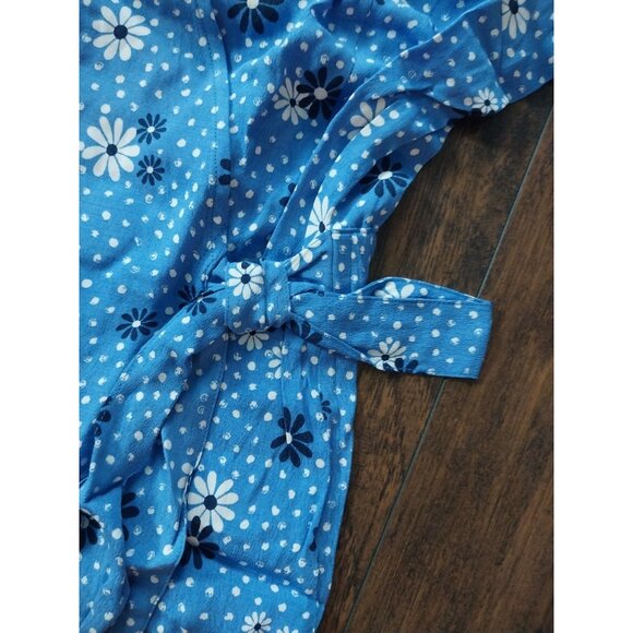 New Talbots Poet Sleeve Blue Daisy Print Wrap Top V Neck Shirt Sz L - Picture 10 of 13